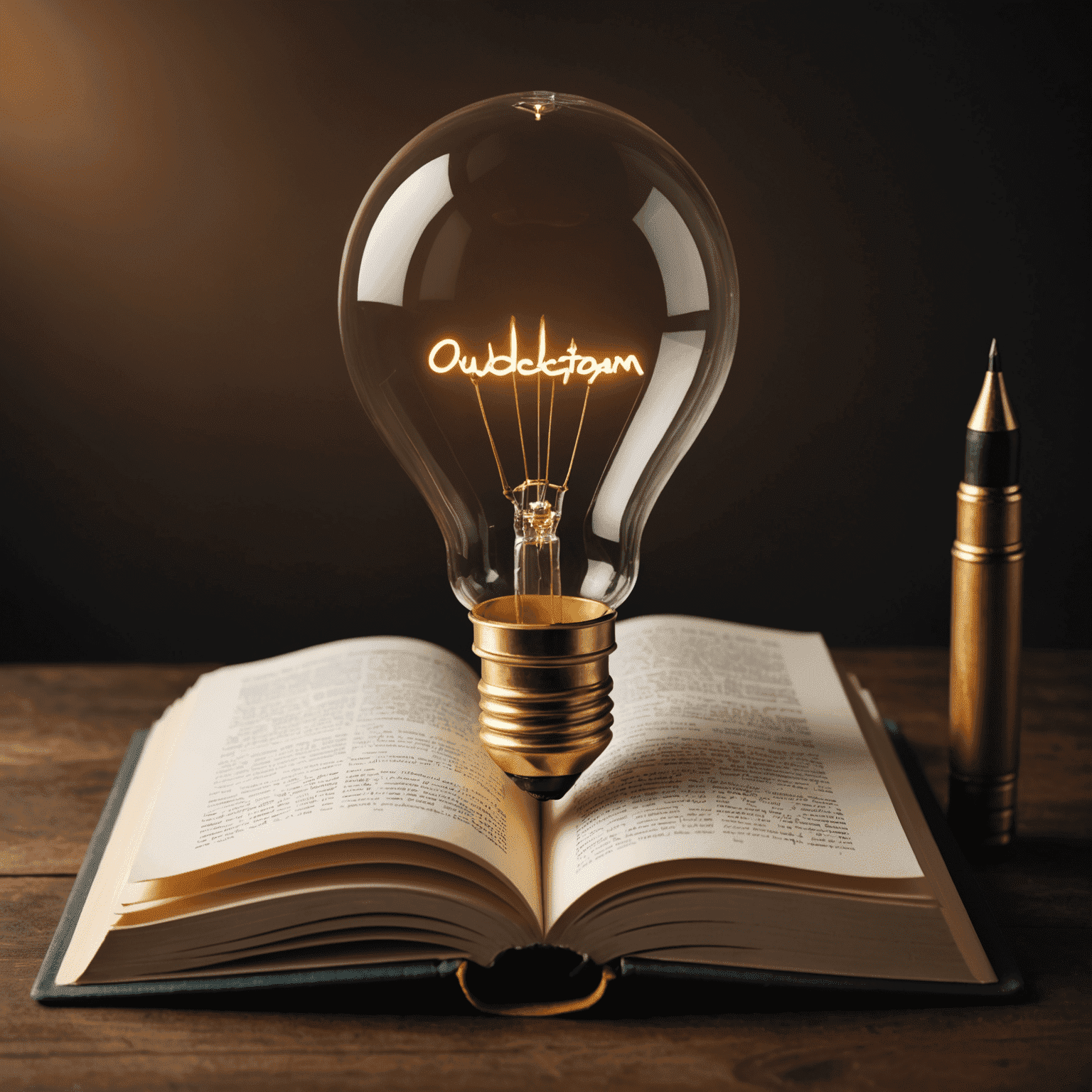 ouddectagam Logo - Ein stilisiertes Buch mit einem Stift, der eine Glühbirne formt, symbolisiert innovatives Englischlernen