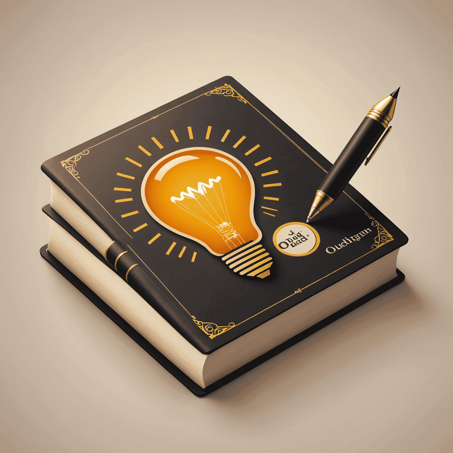 ouddectagam Logo - Ein stilisiertes Buch mit einem Stift, der eine Glühbirne formt, symbolisiert innovatives Englischlernen