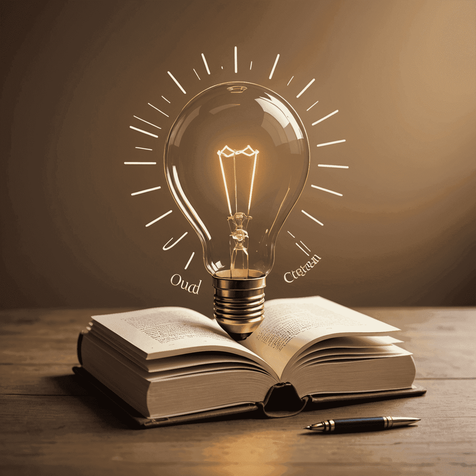 ouddectagam Logo - Ein stilisiertes Buch mit einem Stift, der eine Glühbirne formt, symbolisiert innovatives Englischlernen