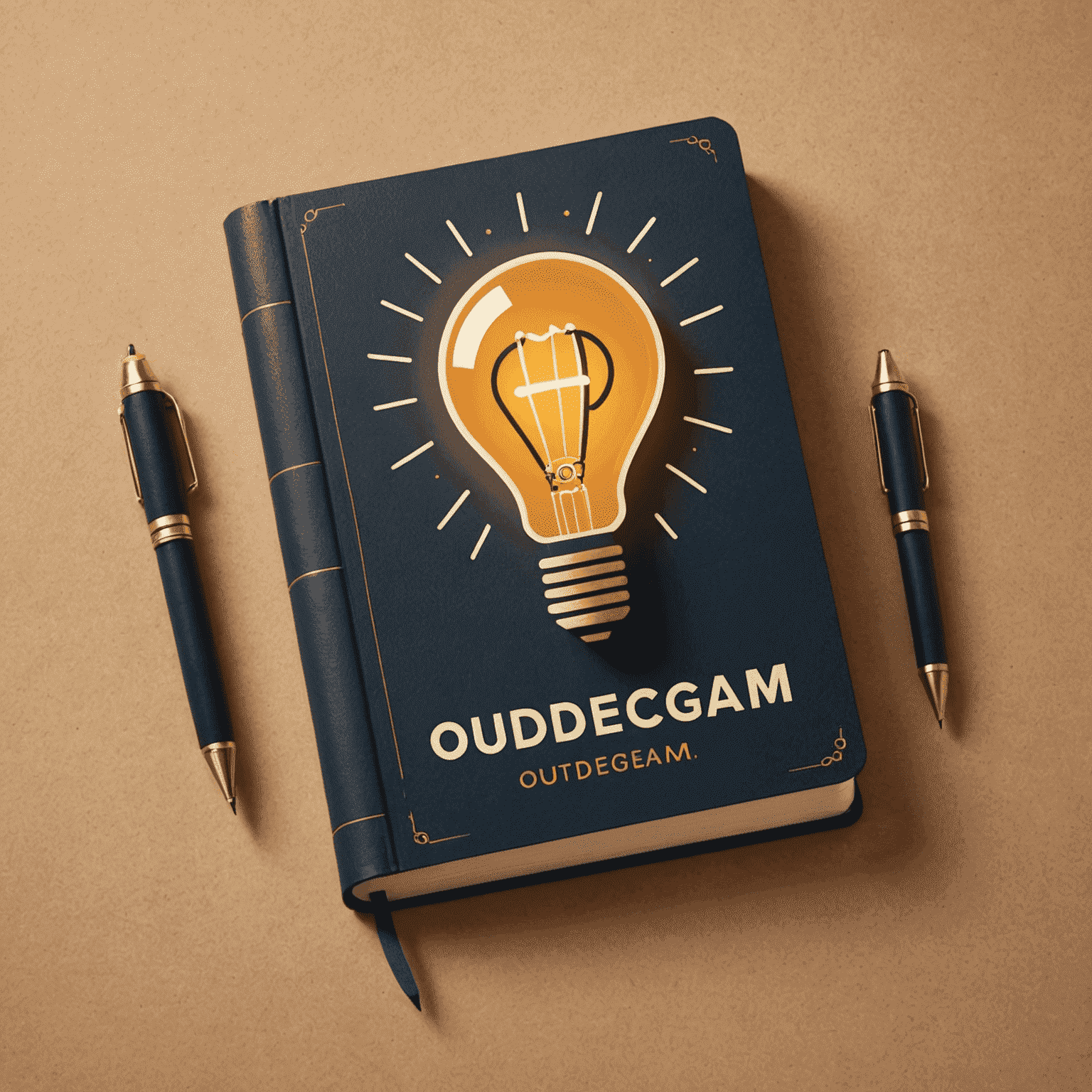 ouddectagam Logo - Ein stilisiertes Buch mit einem Stift, der eine Glühbirne formt, symbolisiert innovatives Englischlernen