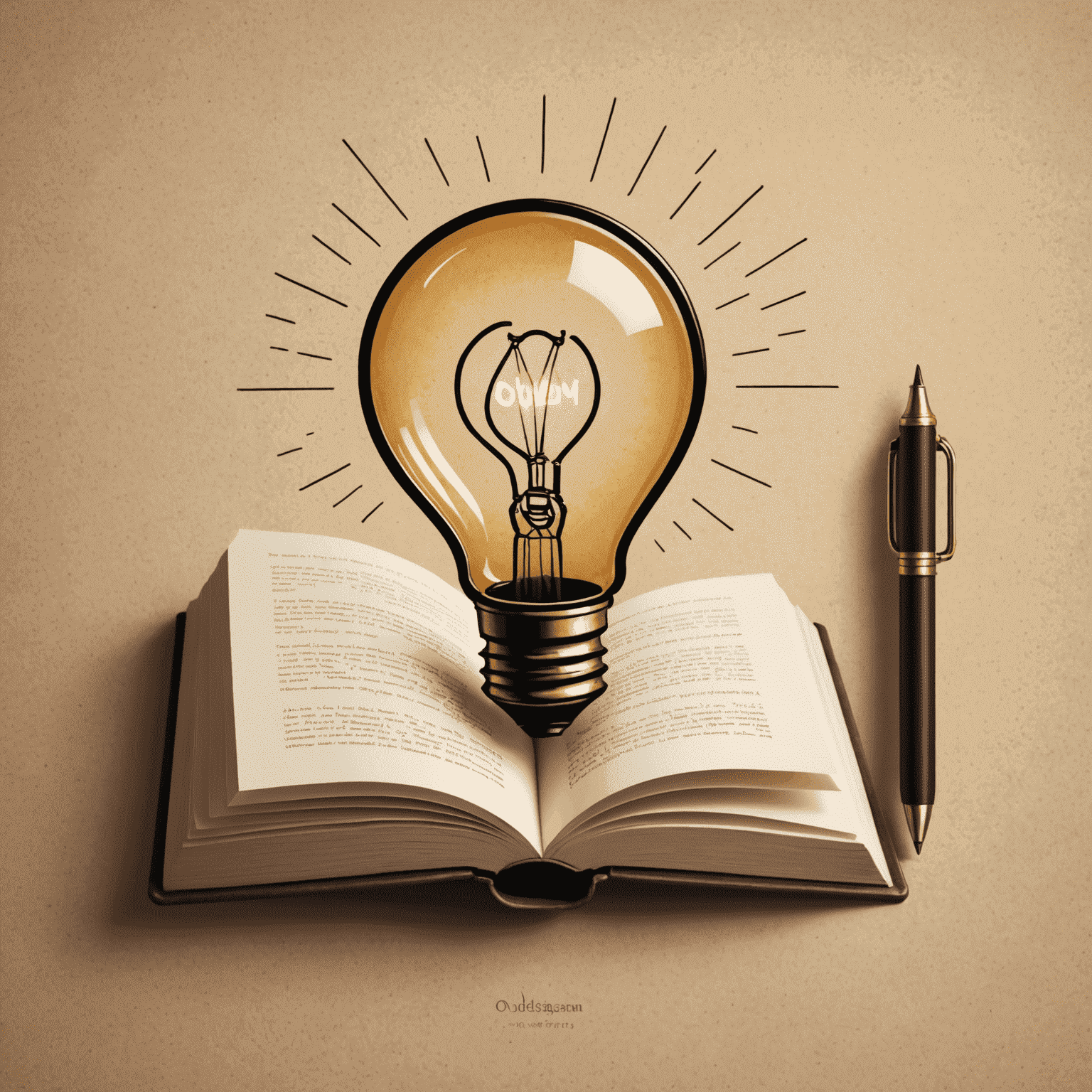 ouddectagam Logo - Ein stilisiertes Buch mit einem Stift, der eine Glühbirne formt, symbolisiert innovatives Englischlernen