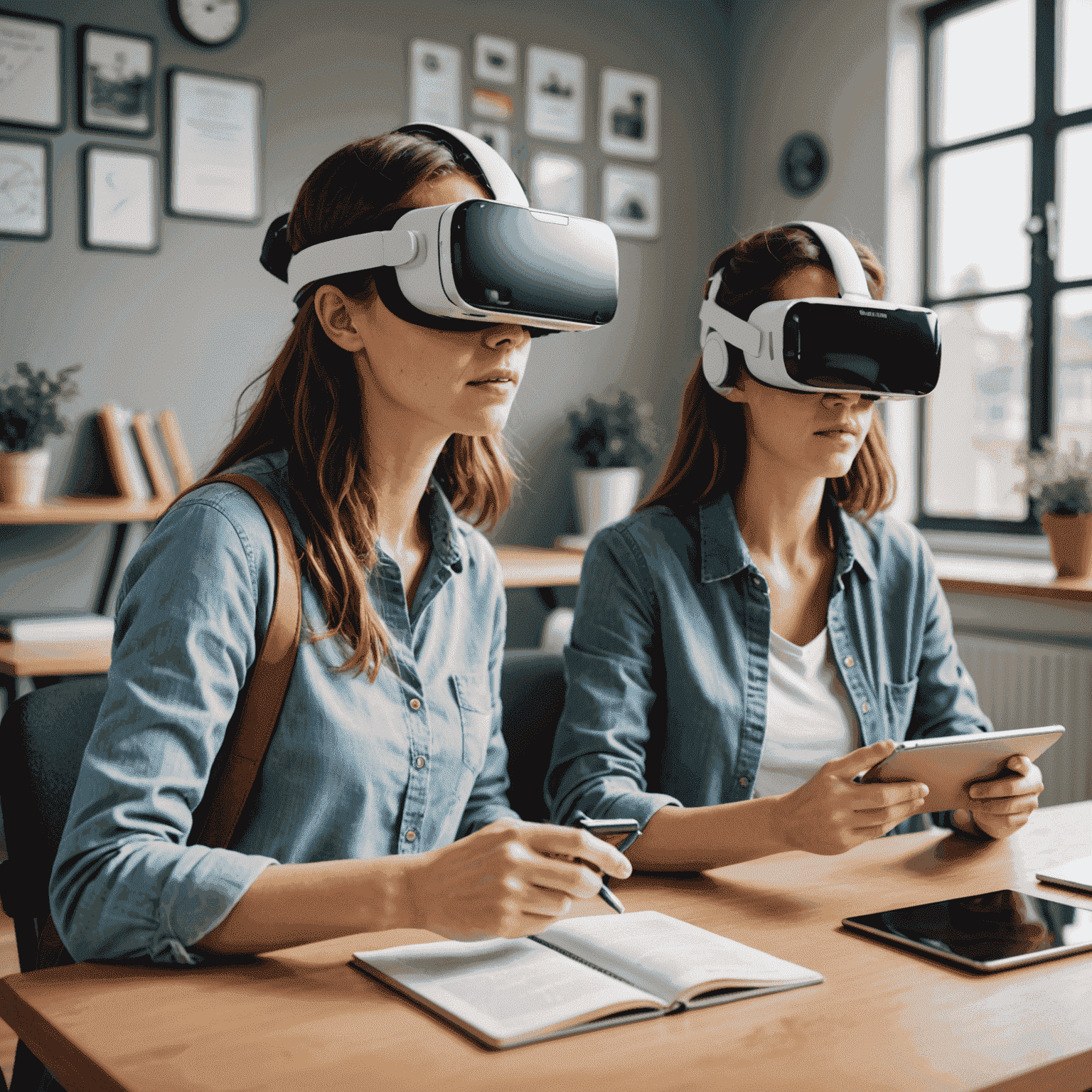 Bild zeigt moderne Technologien wie Tablets und VR-Headsets, die beim Englischlernen verwendet werden