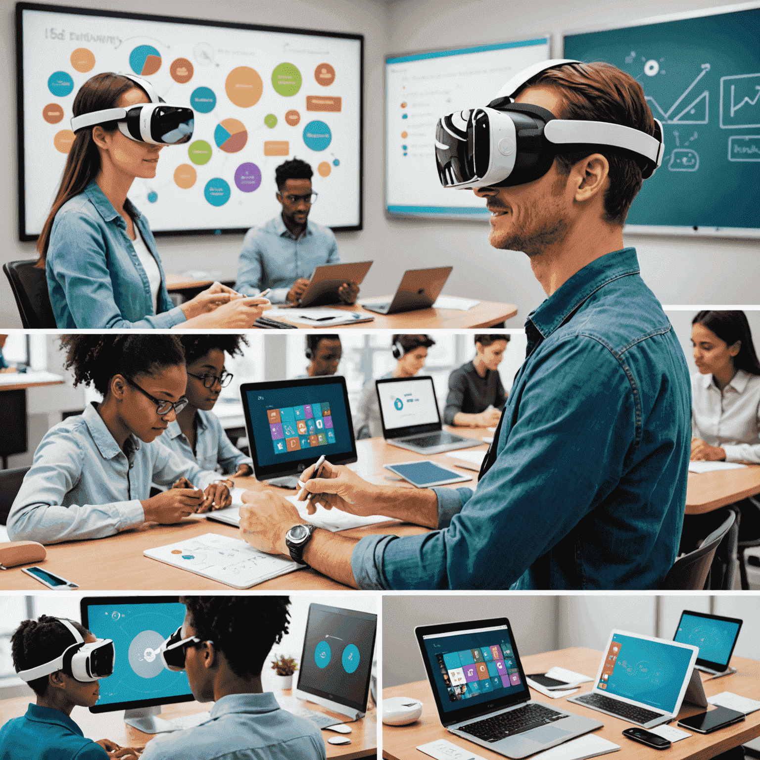 Eine Collage von innovativen Sprachlernmethoden, die Tablets, VR-Brillen und interaktive Whiteboards zeigt