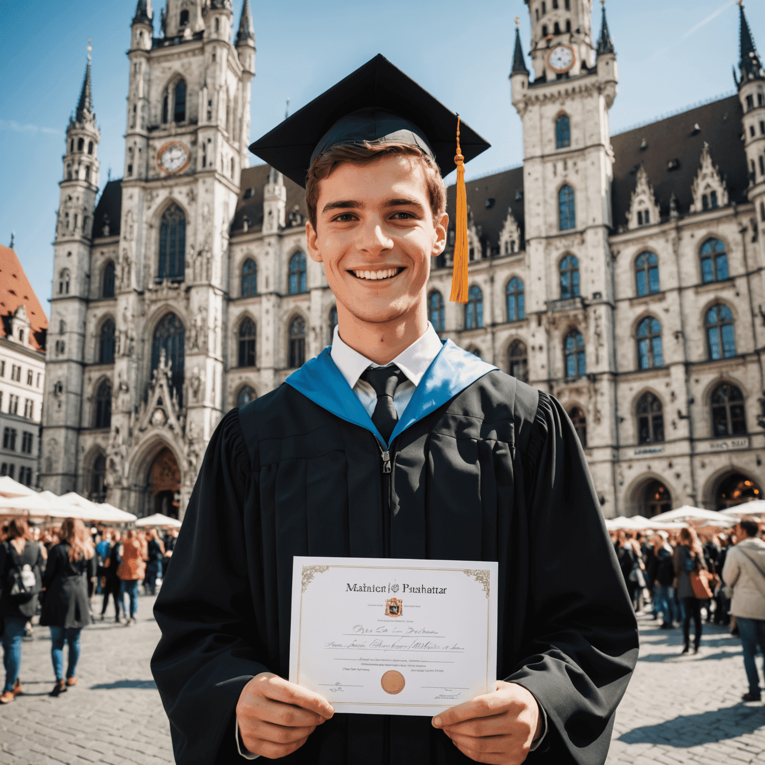 Ein lächelnder Student mit einem Abschlusszeugnis vor dem Münchner Marienplatz
