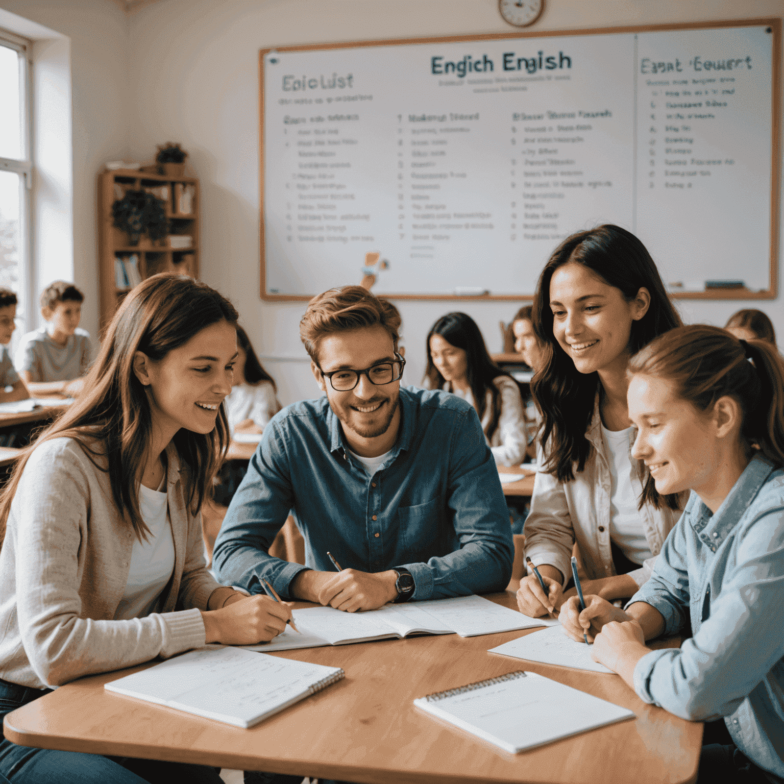 Gruppe von Studenten, die gemeinsam an einem Tisch sitzen und Englisch lernen. Der Lehrer zeigt auf eine Tafel mit grundlegenden englischen Wörtern und Sätzen.