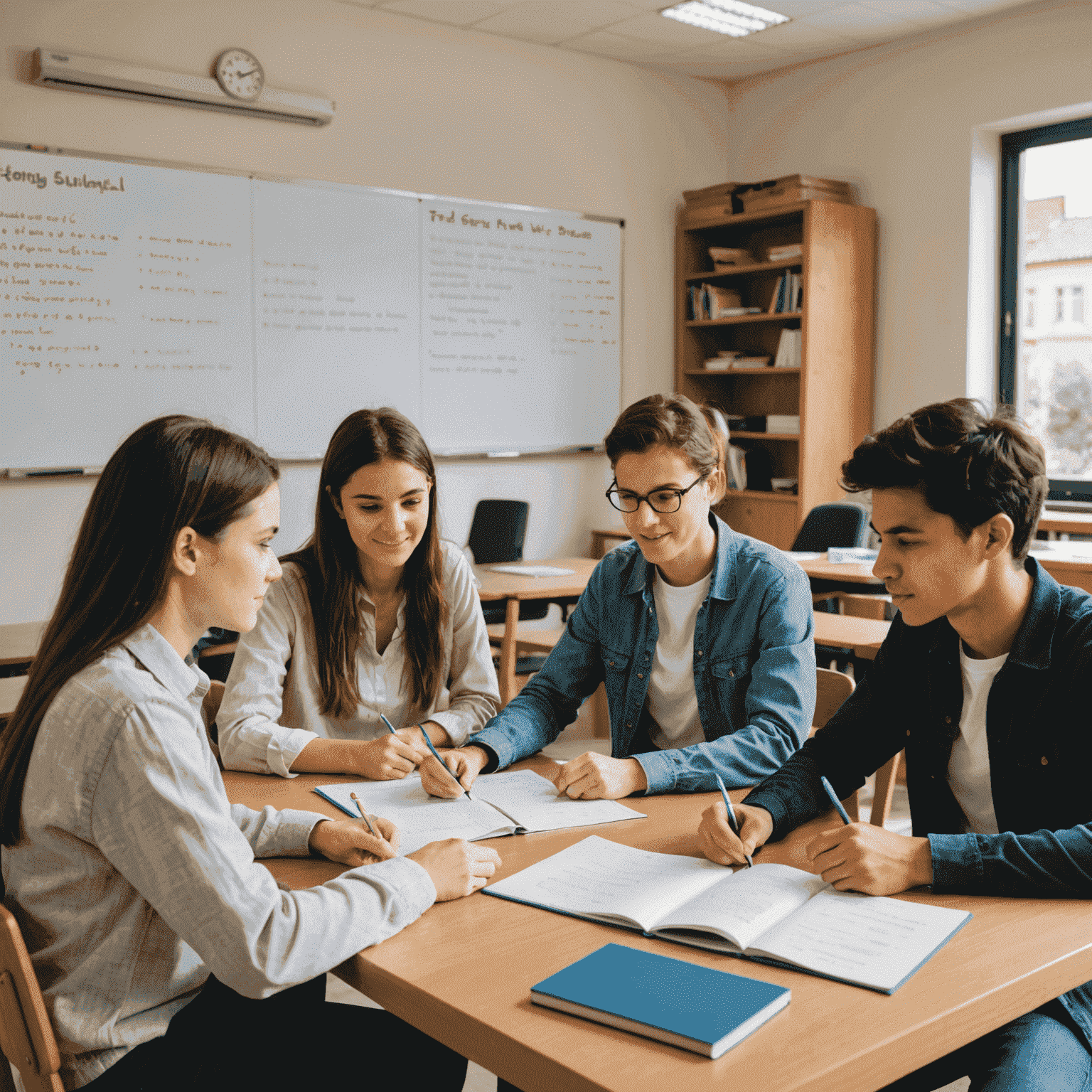 Gruppe von Studenten, die gemeinsam an einem Tisch sitzen und grundlegende Englischübungen machen. Der Lehrer zeigt auf eine Tafel mit einfachen Vokabeln und Grammatikregeln.