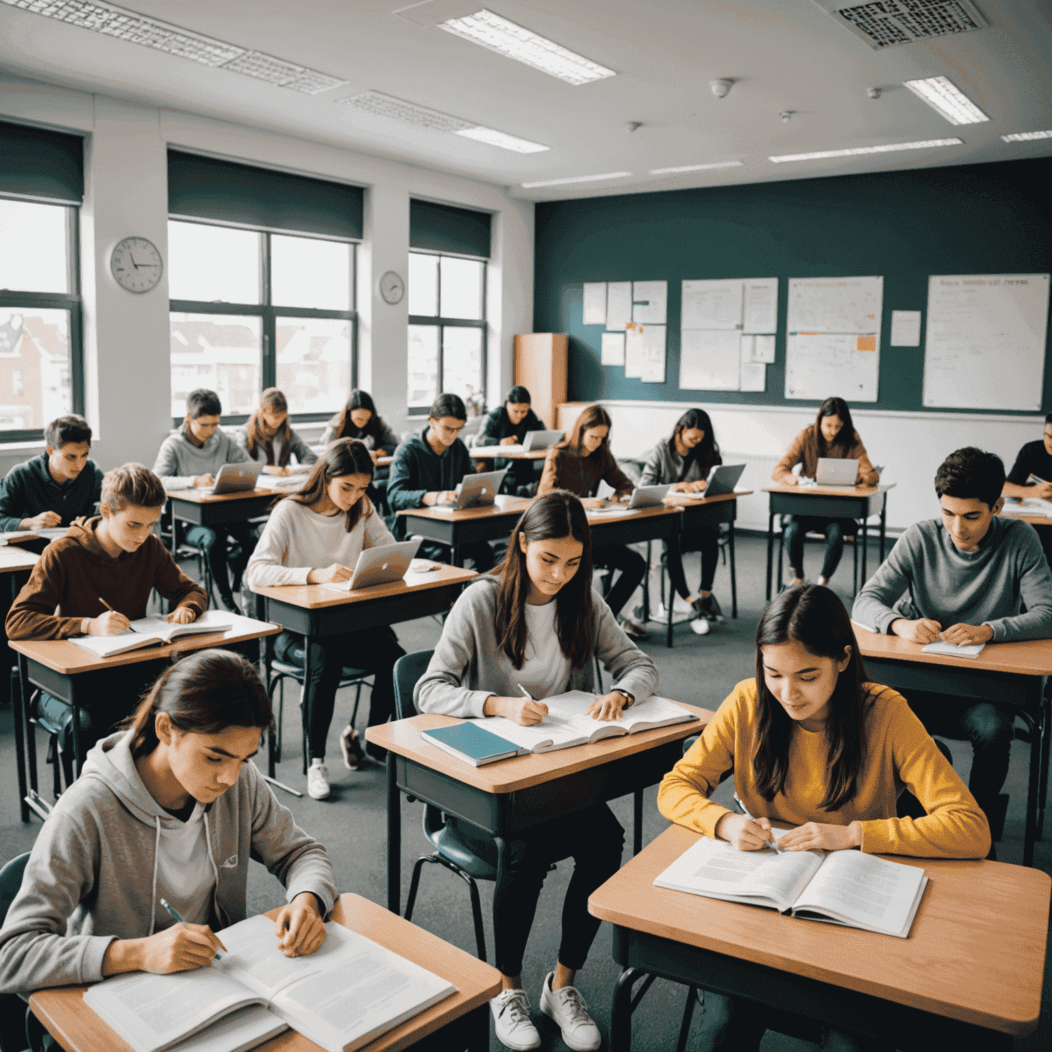 Studenten, die sich auf IELTS-Test vorbereiten, mit Büchern und Laptops in einem modernen Klassenzimmer