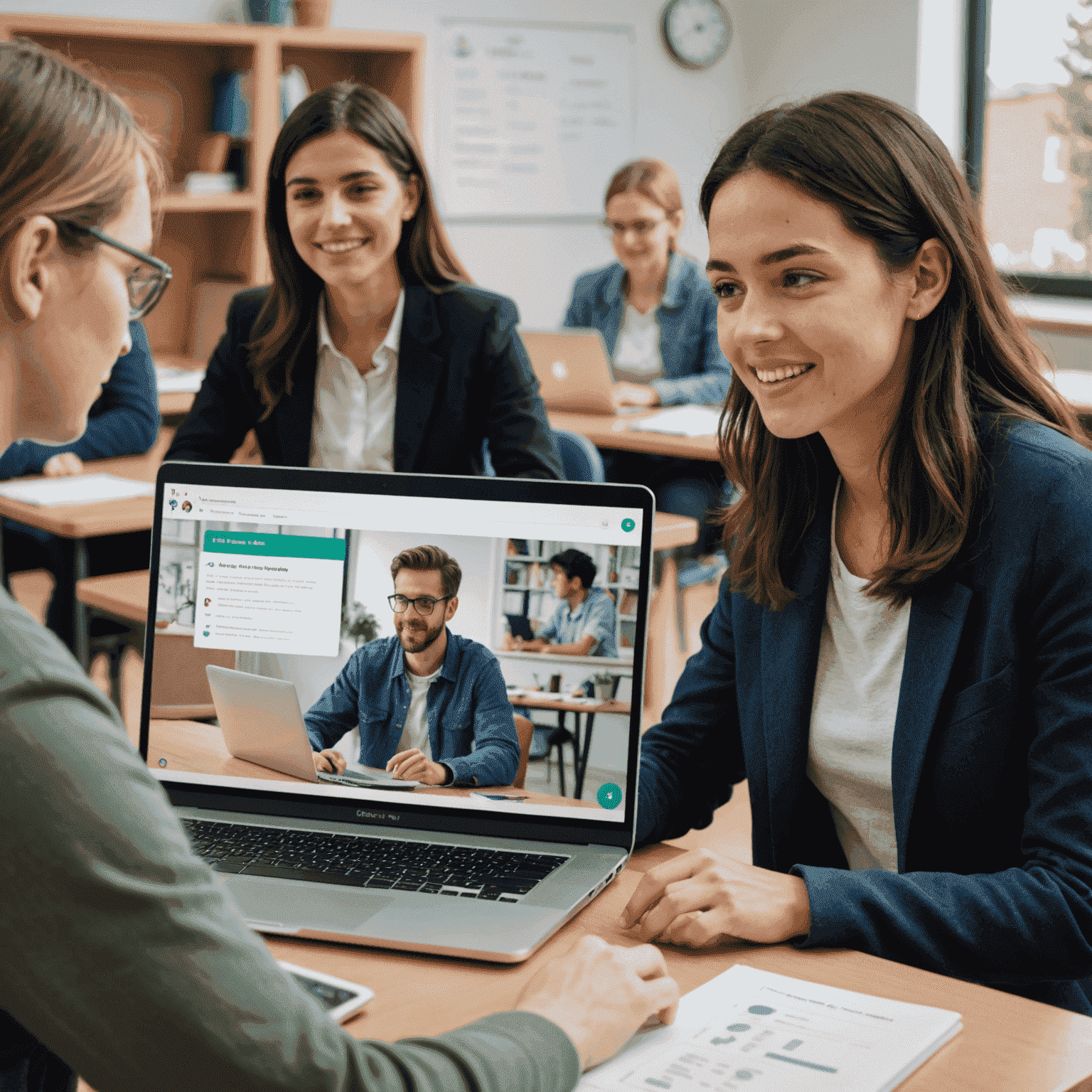 Ein Schüler, der mit einem Laptop an einem virtuellen Englischkurs teilnimmt. Der Bildschirm zeigt einen interaktiven Unterricht mit einem Lehrer und anderen Schülern.