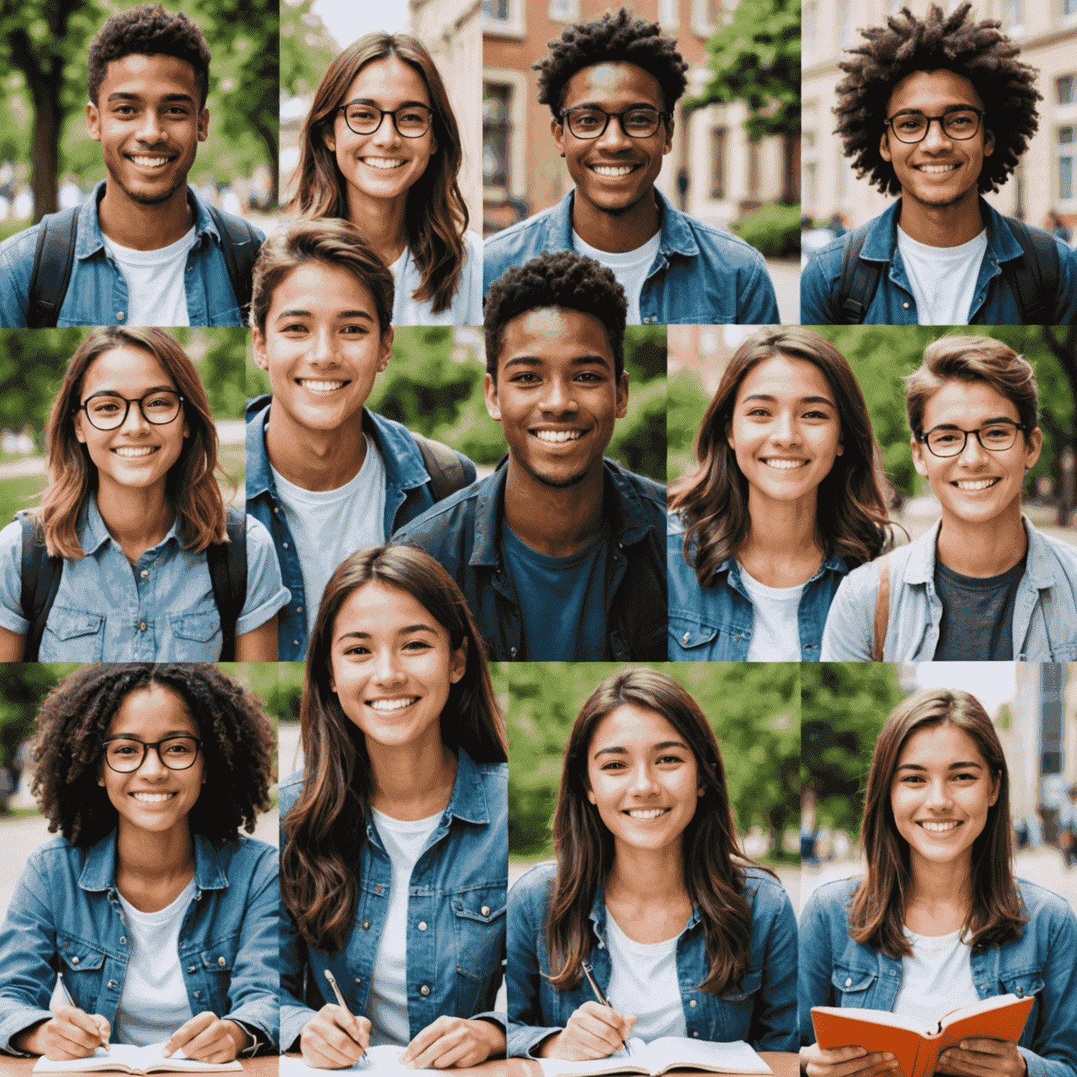 Collage von lächelnden internationalen Studenten, die Erfolg beim Englischlernen zeigen