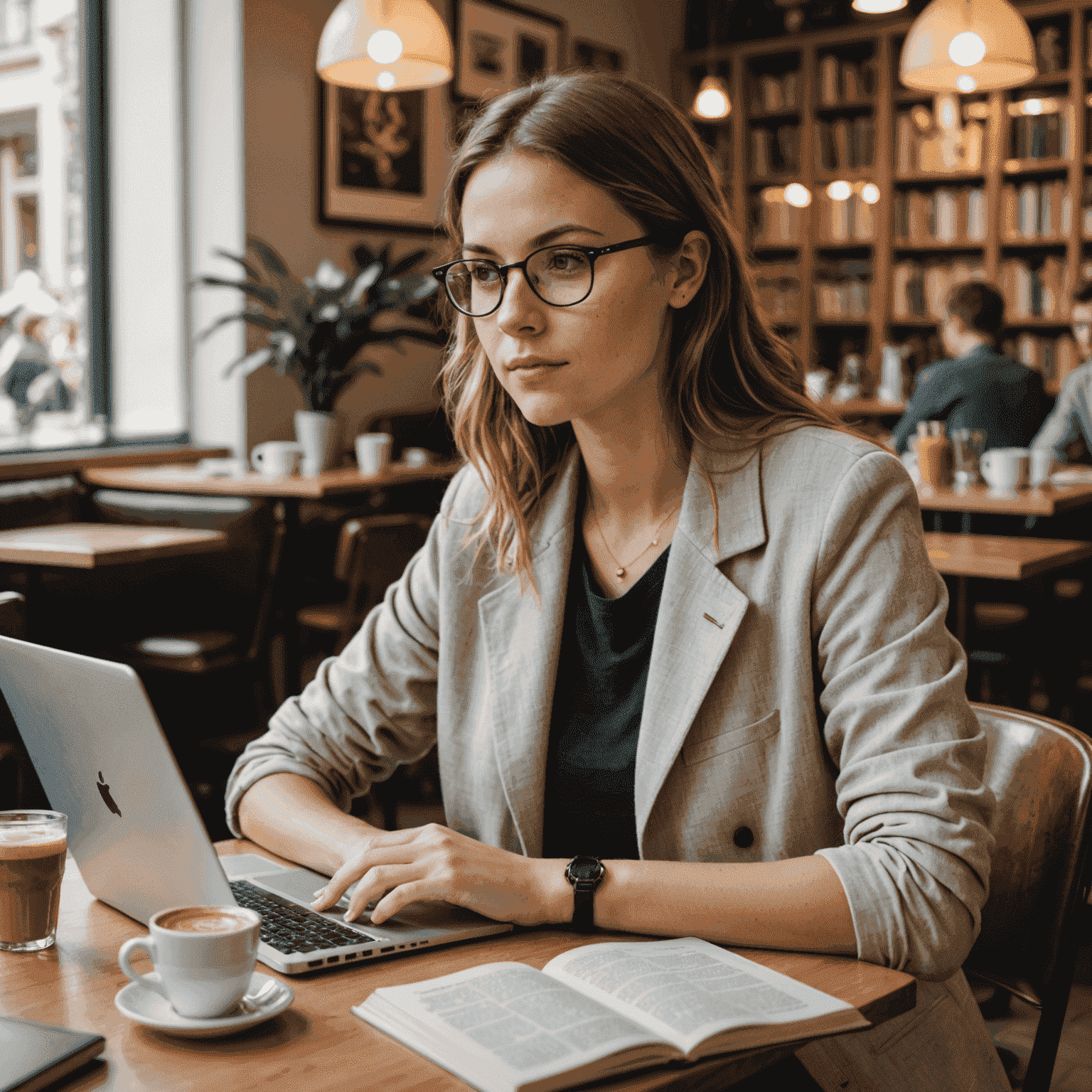 Eine Studentin, die in einem Café in München lernt, umgeben von Büchern und einem Laptop