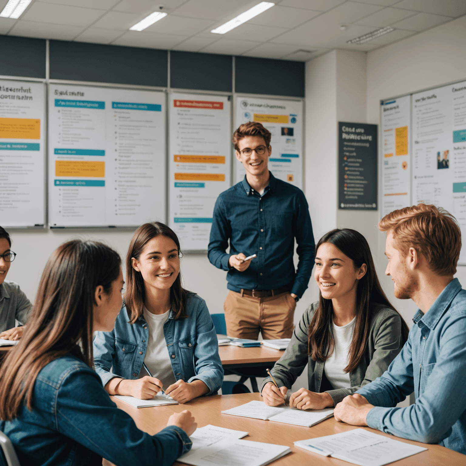 Studenten diskutieren lebhaft auf Englisch in einem modernen Klassenzimmer. Im Hintergrund sind Poster mit fortgeschrittenen Grammatikregeln zu sehen.