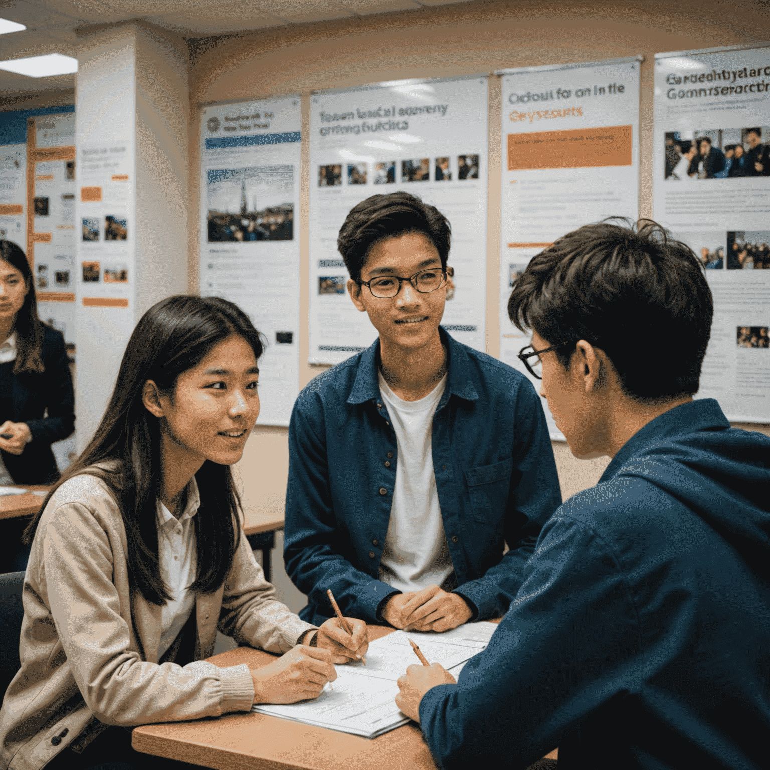Studenten diskutieren lebhaft in Englisch. Im Hintergrund sind Plakate mit fortgeschrittenen Grammatikstrukturen und idiomatischen Ausdrücken zu sehen.