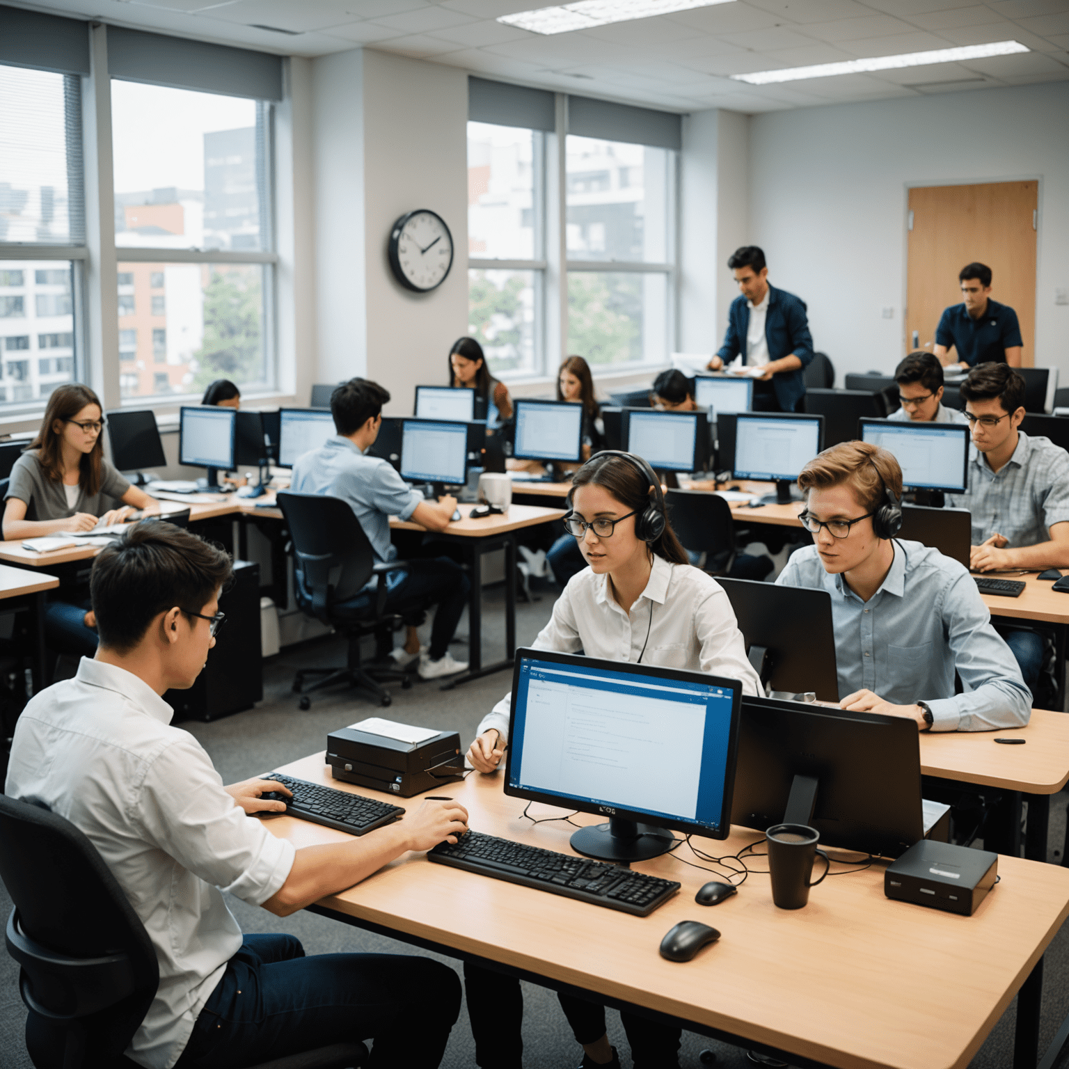 TOEFL-Prüfungssimulation mit Studenten, die an Computern arbeiten