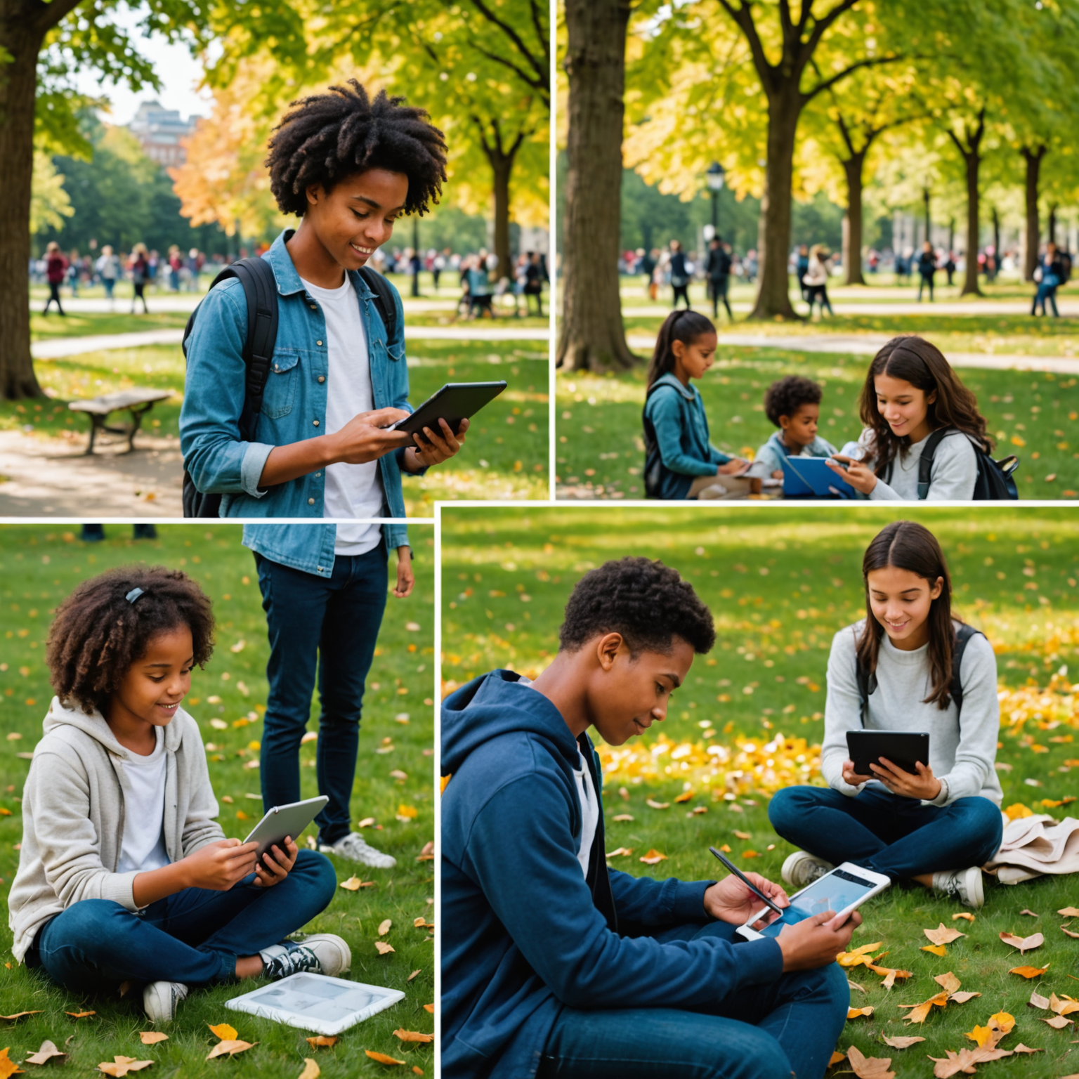 Collage von verschiedenen Lernszenarien: Ein Schüler, der im Park mit einem Tablet lernt, eine Gruppe in einer virtuellen Klassenzimmer-Sitzung und jemand, der eine Vokabel-App auf dem Smartphone nutzt.