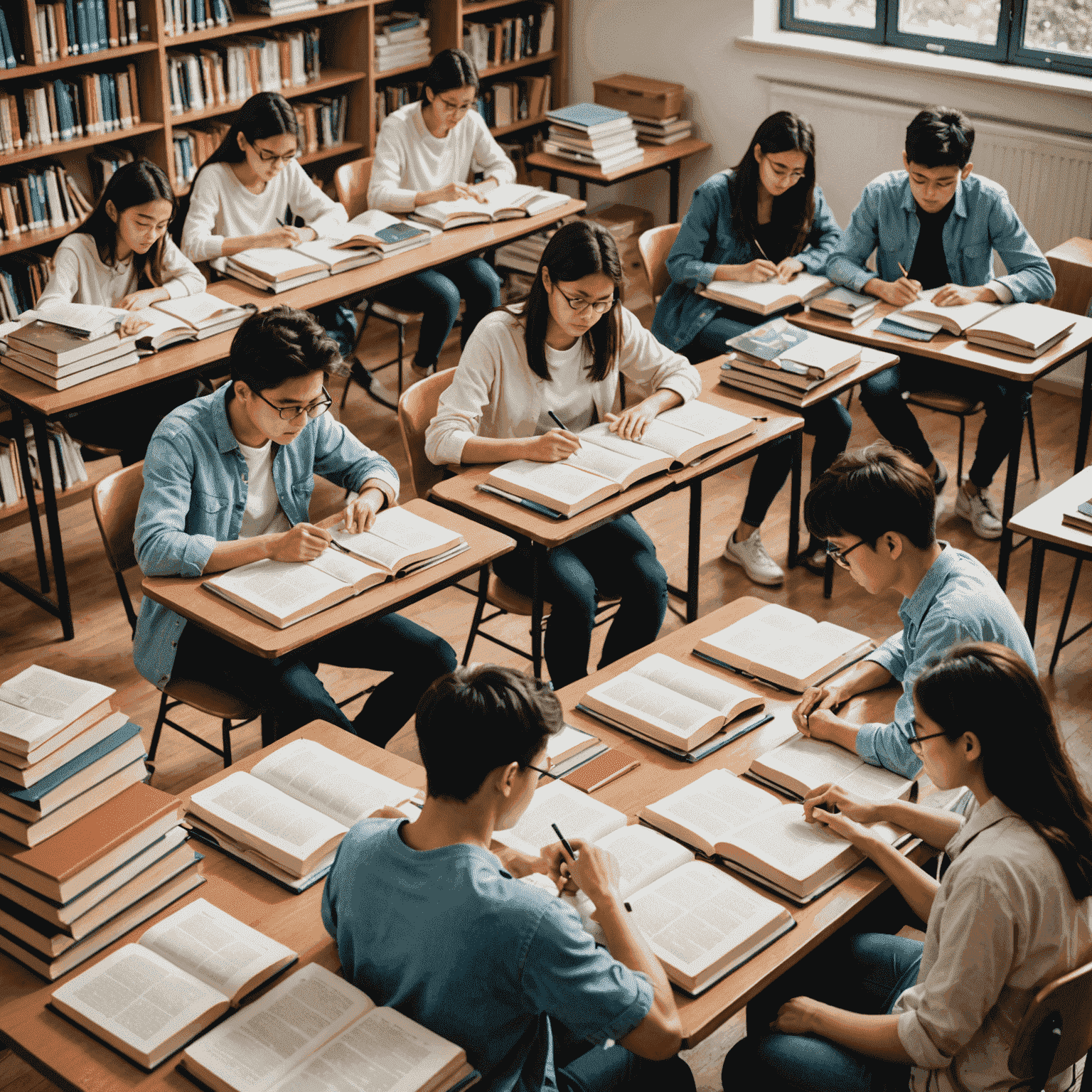 Studenten, die konzentriert für internationale Englischprüfungen lernen, umgeben von Büchern und Lernmaterialien