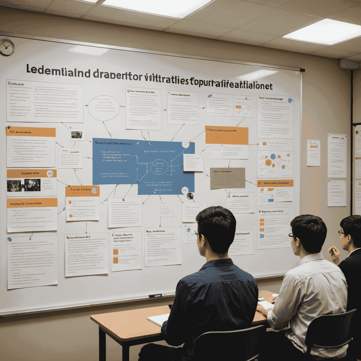 Fortgeschrittene Studenten halten Präsentationen auf Englisch. Der Raum ist mit komplexen Sprachdiagrammen und literarischen Zitaten dekoriert.