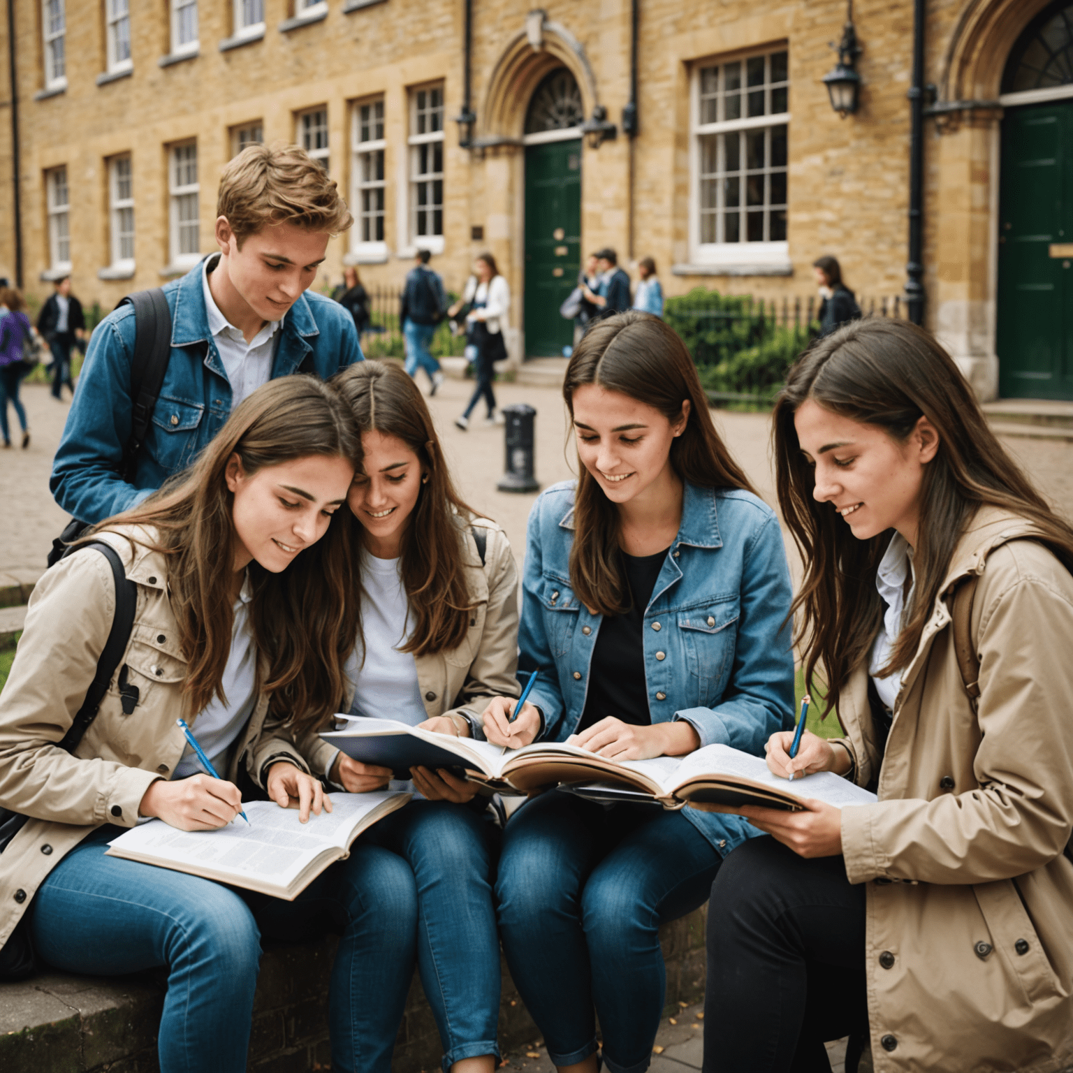 Gruppe von Studenten, die Cambridge English-Materialien studieren