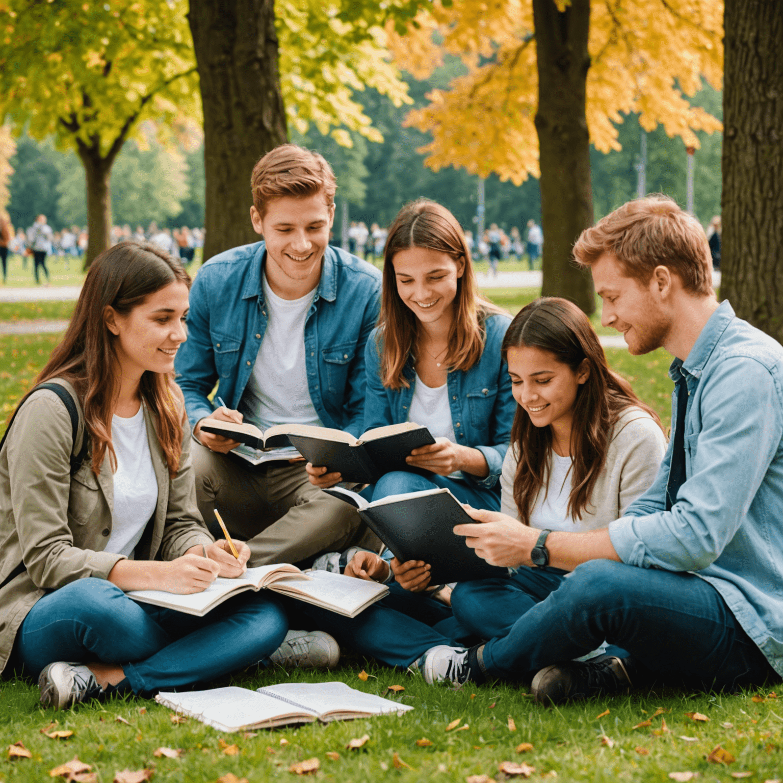 Eine Gruppe von Studenten verschiedener Nationalitäten, die gemeinsam in einem Park in München lernen