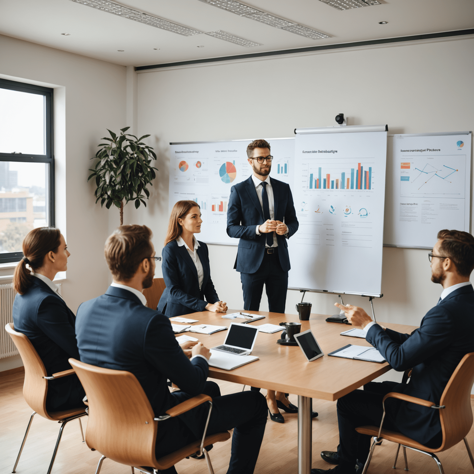 Professionelle Geschäftsleute in einem Konferenzraum, die eine Präsentation auf Englisch halten. Flipcharts mit Geschäftsvokabular und Diagrammen sind sichtbar.