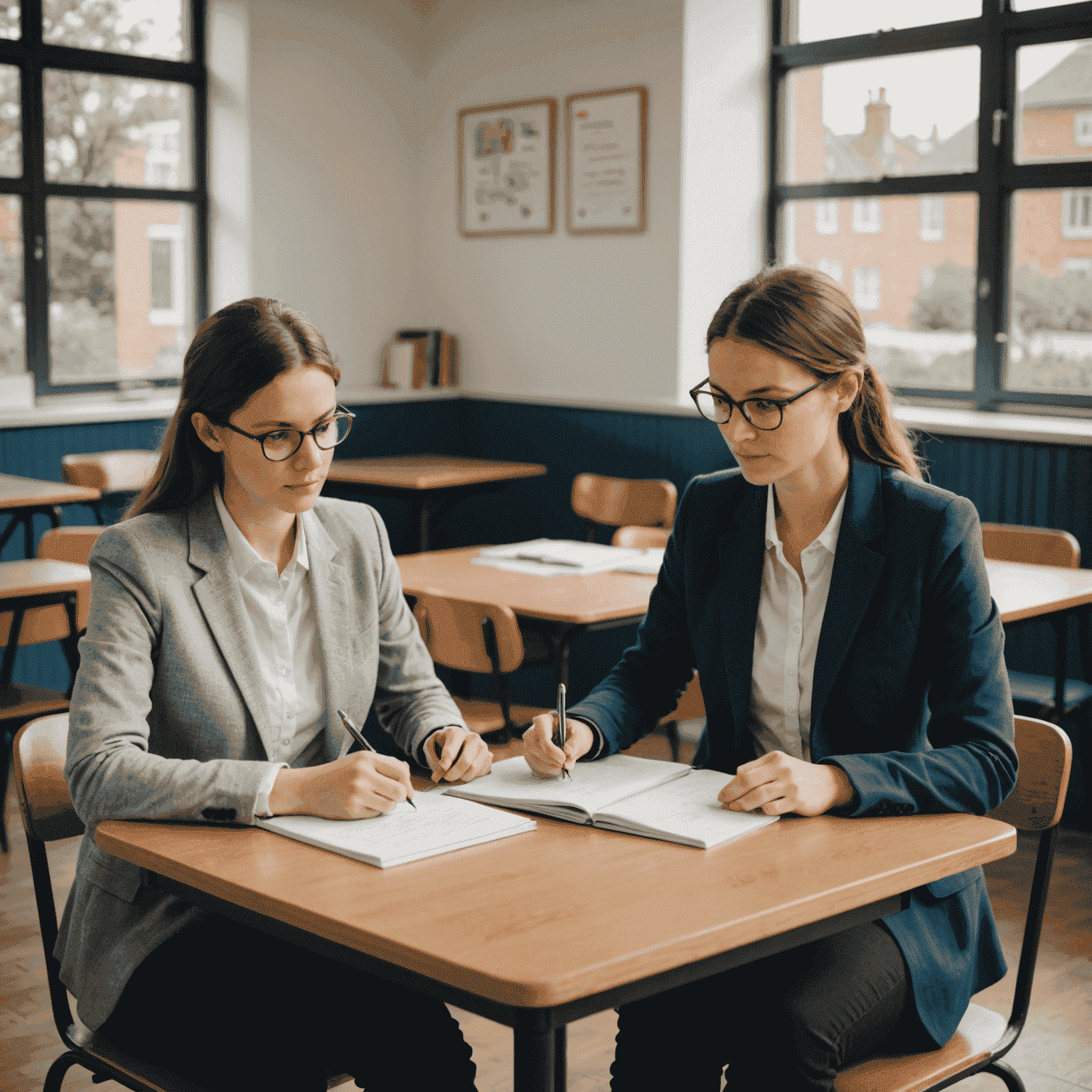 Ein Lehrer und ein Schüler sitzen an einem Tisch und haben eine intensive Einzelunterrichtsstunde in Englisch
