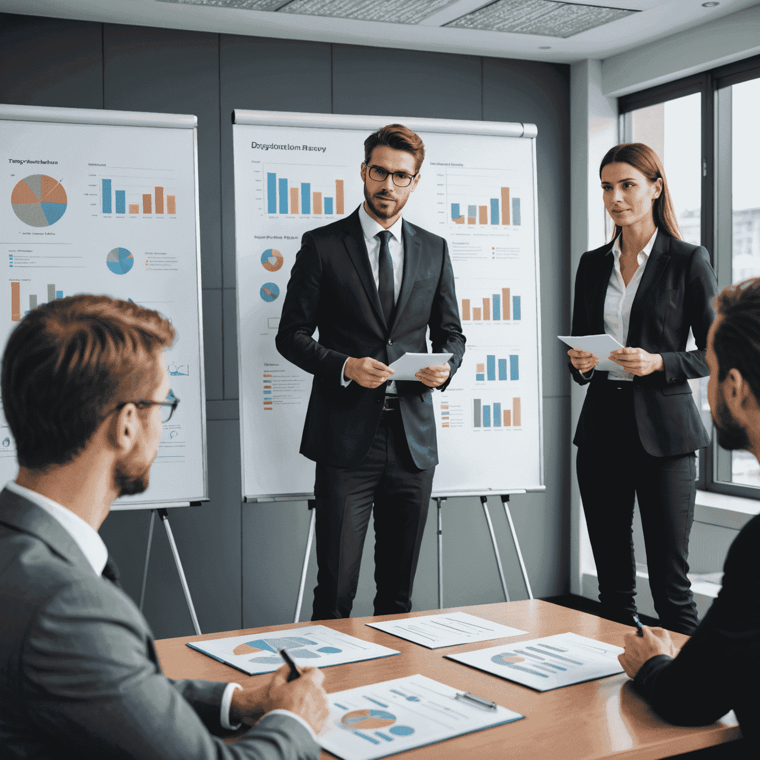 Professionelle Geschäftsleute in einem Konferenzraum, die eine Präsentation auf Englisch halten. Flipcharts mit Geschäftsvokabular und Diagrammen sind sichtbar.