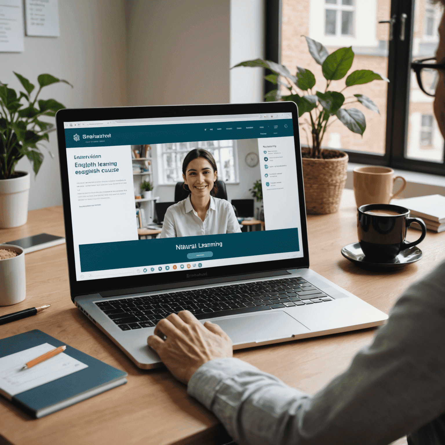 Eine Person sitzt vor einem Laptop und nimmt an einem virtuellen Englischkurs teil, mit verschiedenen Online-Lernressourcen auf dem Bildschirm